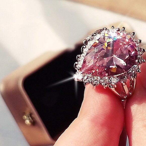 New Pink Tear Drop Halo 925 Sterling Silver Style CZ Ring - Picture 2 of 6